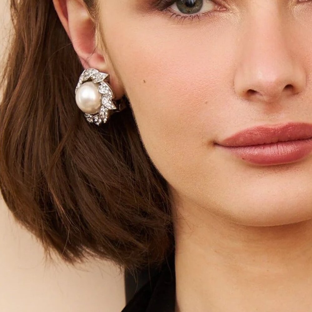 Kenneth Jay Lane, Rhinestone and Pearl Ball Clip-On Earrings - Picture 3 of 4